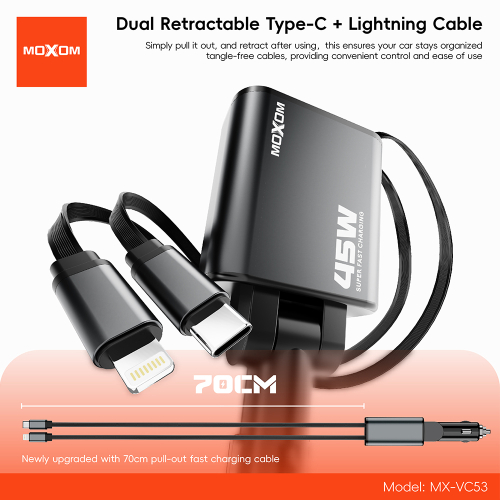 Auto Punjac Moxom MX-VC53 USB & Type C Output + Type C & Lightning Cable Output 45W Crni