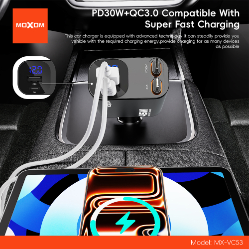 Auto Punjac Moxom MX-VC53 USB & Type C Output + Type C & Lightning Cable Output 45W Crni