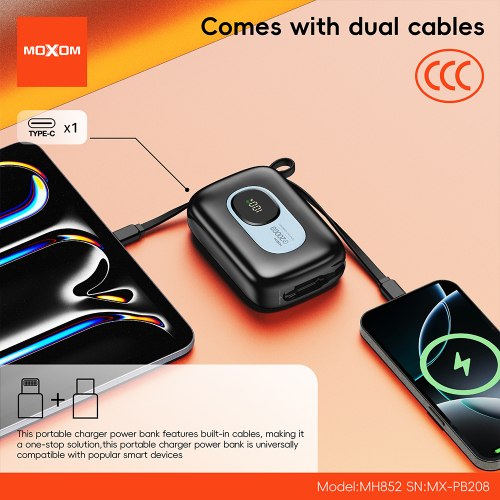 Power Bank Moxom Mini Portable Dual Cable MX-PB208 22.5W Fast Charging 20000MAH Sivi