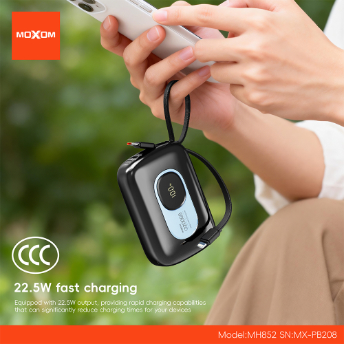 Power Bank Moxom Mini Portable Dual Cable MX-PB208 22.5W Fast Charging 20000MAH Sivi