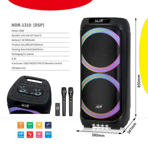 Zvucnik Bluetooth NDR-1310 (Dsp) 60W 2*10 Inca sa Dva Mikrofona Crni