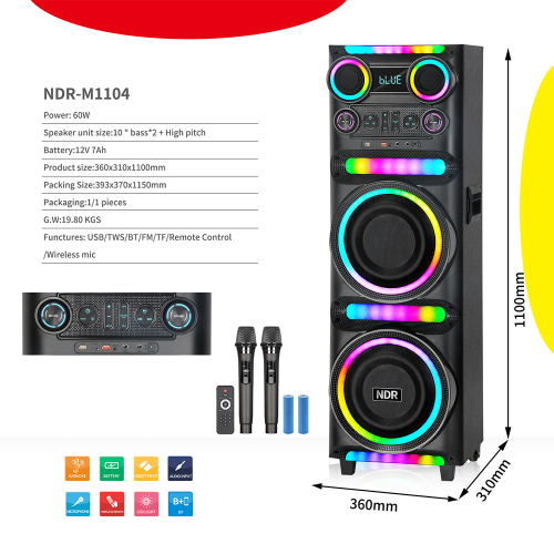 Zvucnik Bluetooth NDR-M1104 60W 2*10 Inca sa Dva Mikrofona Crni